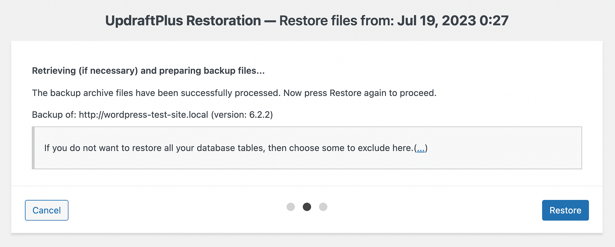 UpdraftPlus restore button.