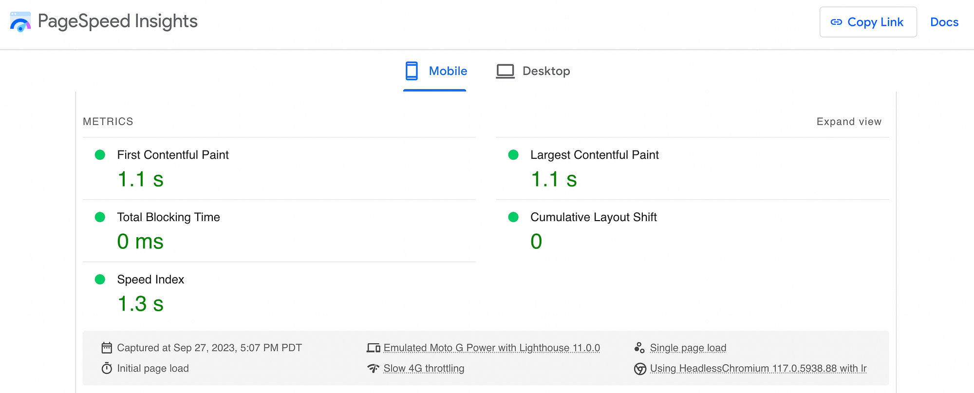 Second speed score results for W3 Total Cache website.