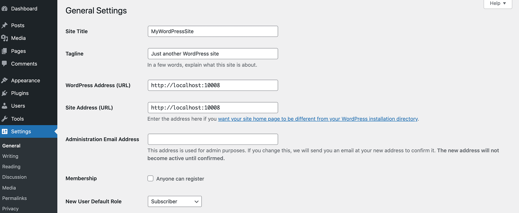 The WordPress URL configuration settings.