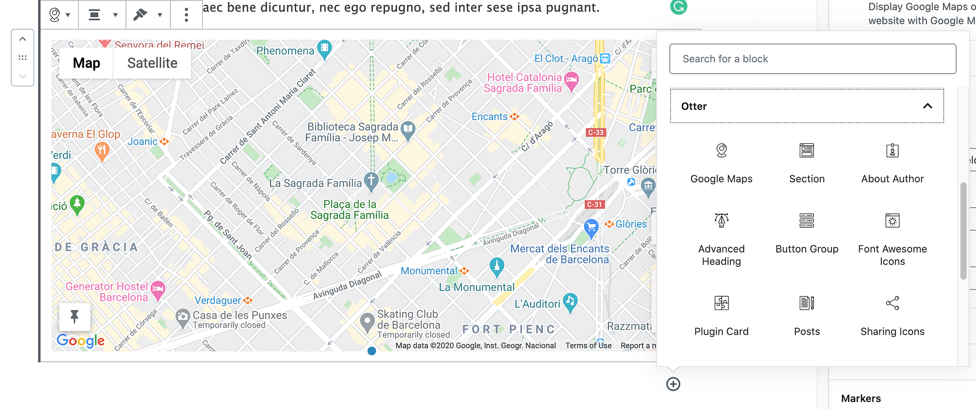 Google Map Block options in Otter Blocks.