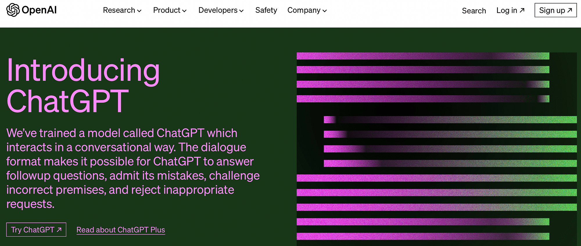 The ChatGPT landing page on the Open AI Website.