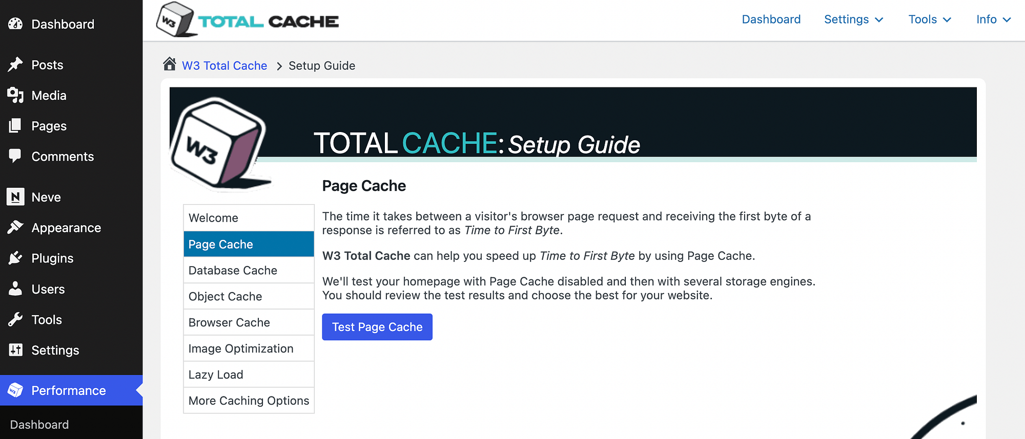 Page Cache tab in the W3 Total Cache setup guide.