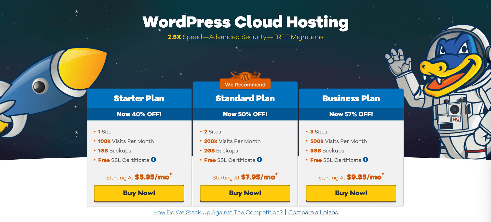 HostGator's WordPress hosting pricing table vs Bluehost