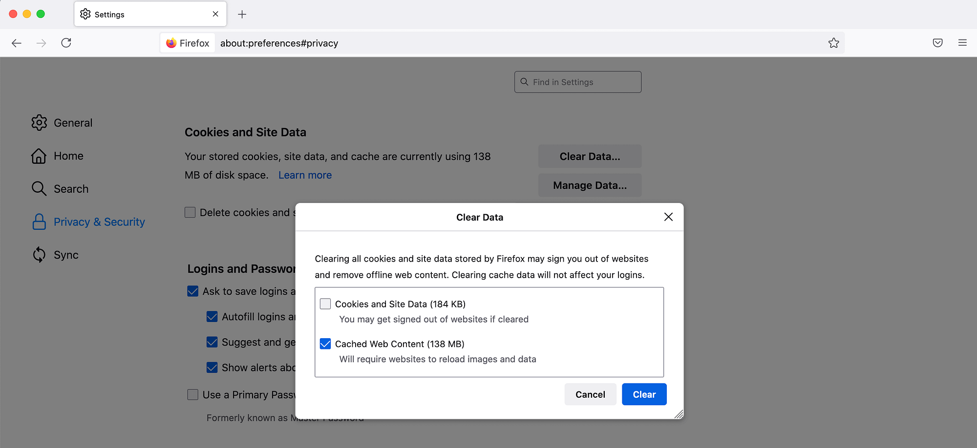 How to clear cache using Mozilla's Firefox browser.