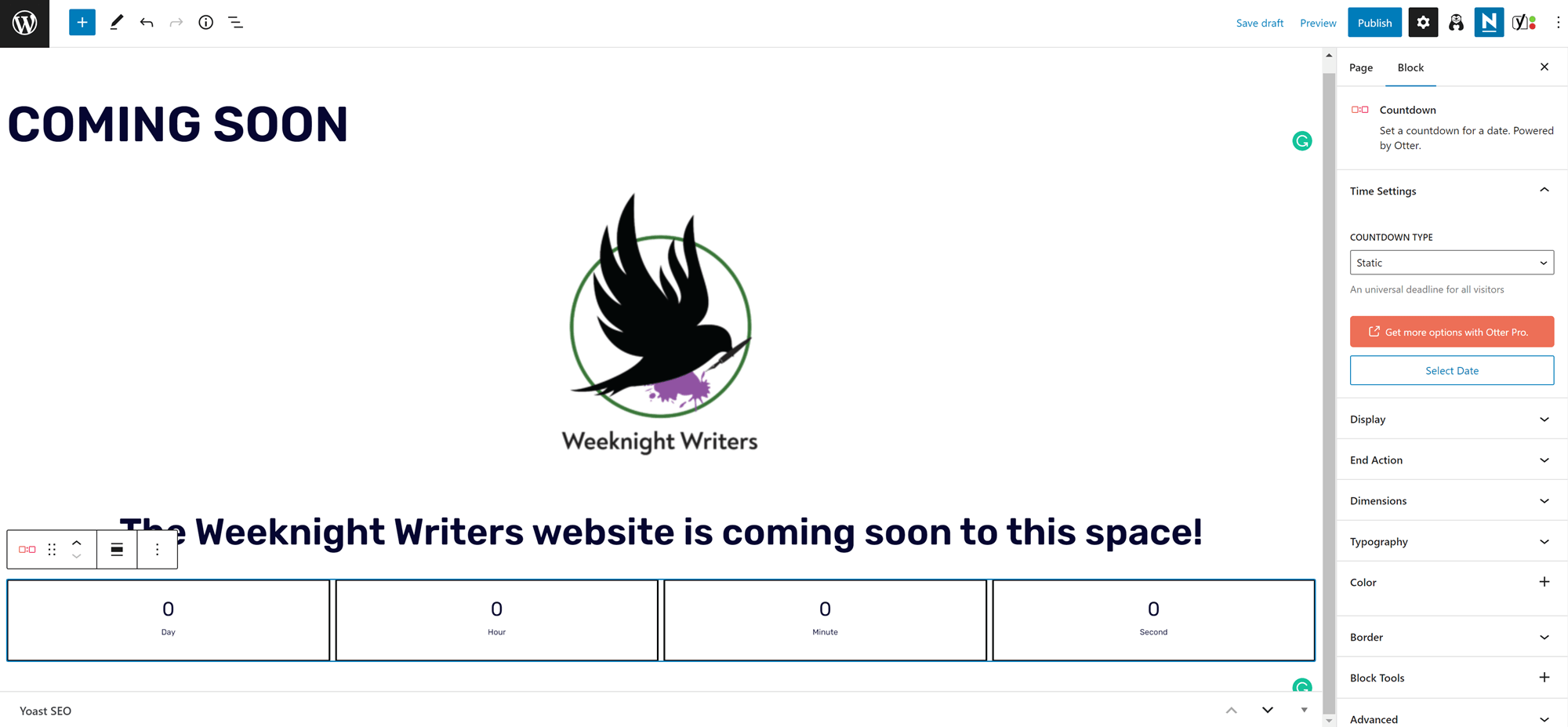 WordPress coming soon page with countdown timer block options open