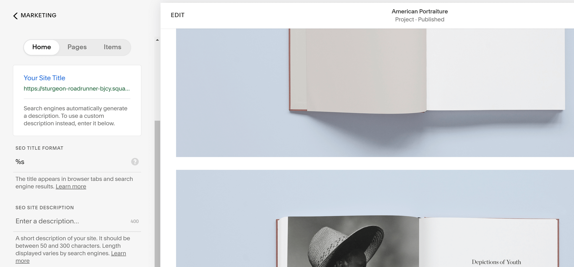 Web.com review: Squarespace editor with SEO tools open
