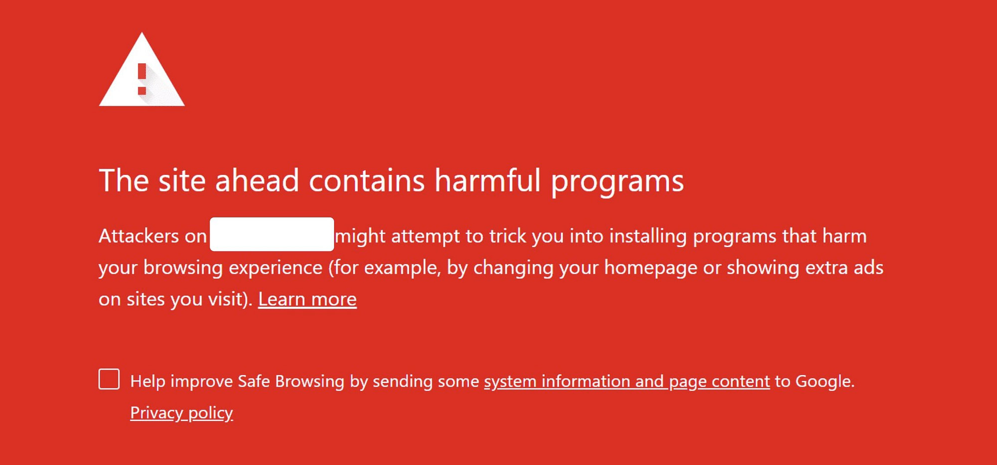 An example of the site ahead contains harmful programs error.