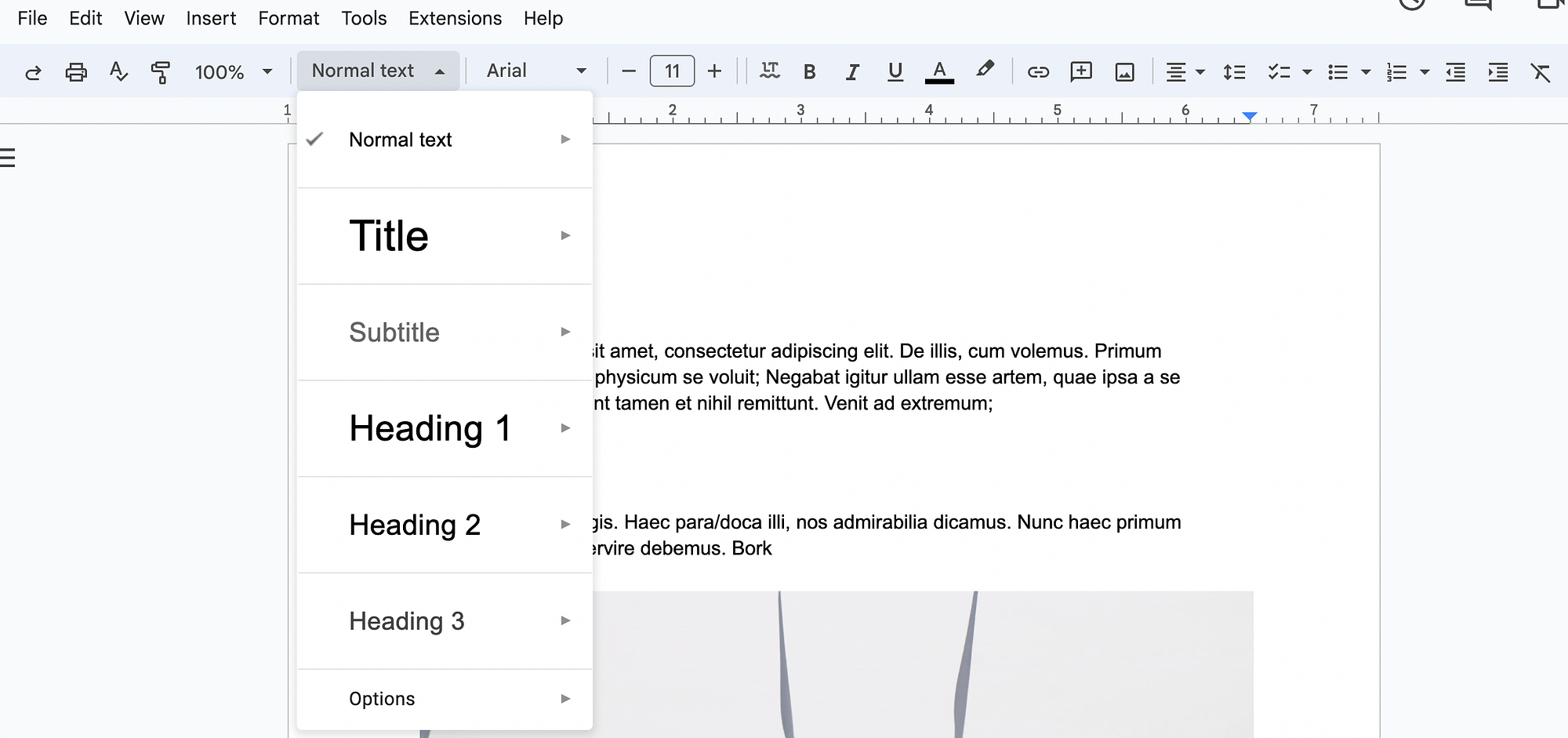 Heading options in a Google Doc.