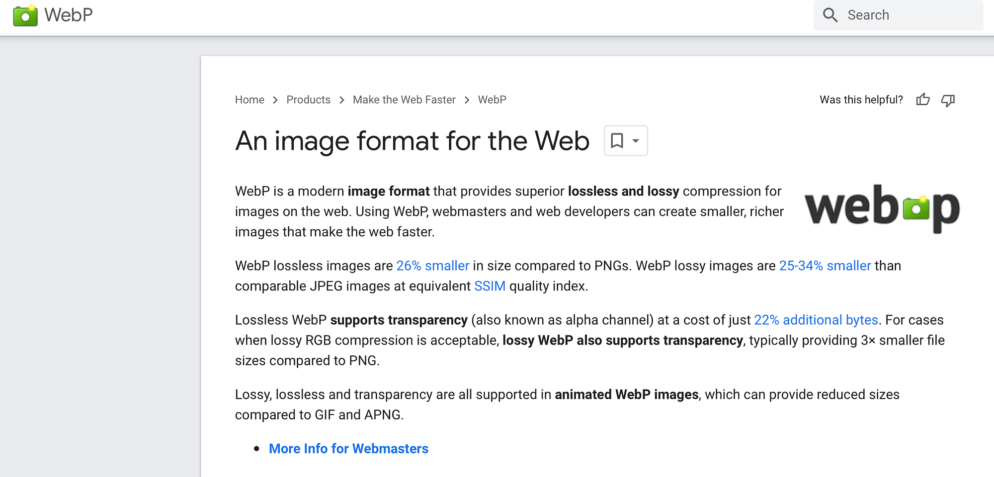 Google Developers page explaining the WebP format. Knowing this information can help users decide between AVIF vs WebP