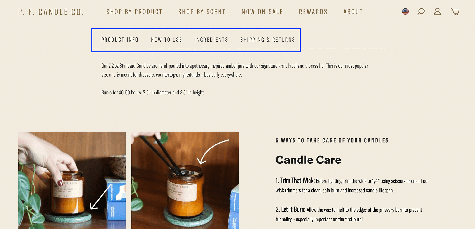 An example of the structure of a product description template on the P.F. Candle Co. website.