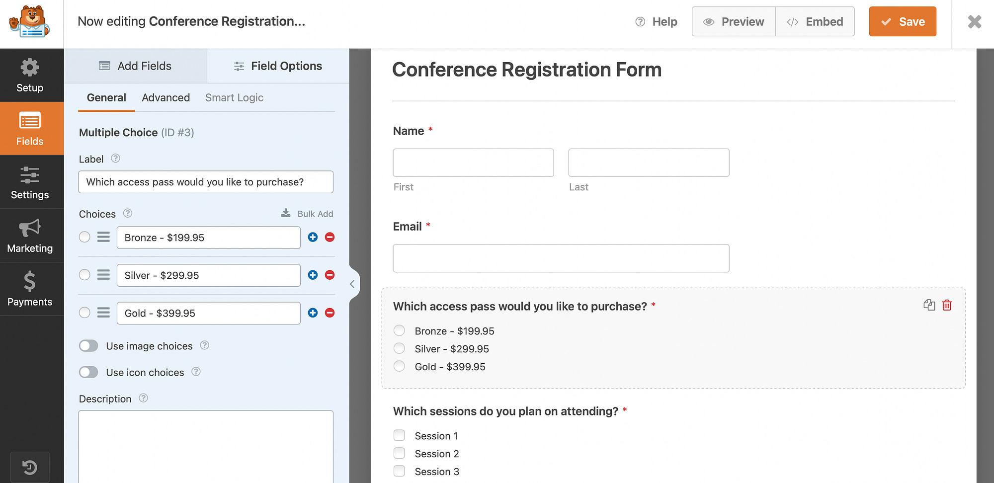 Customizing a form in WPForms form builder.