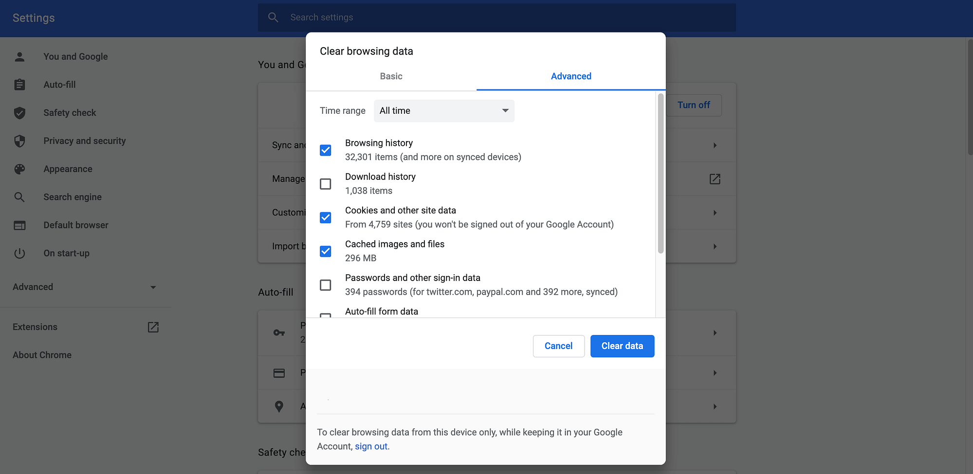 Chrome's Settings tab.