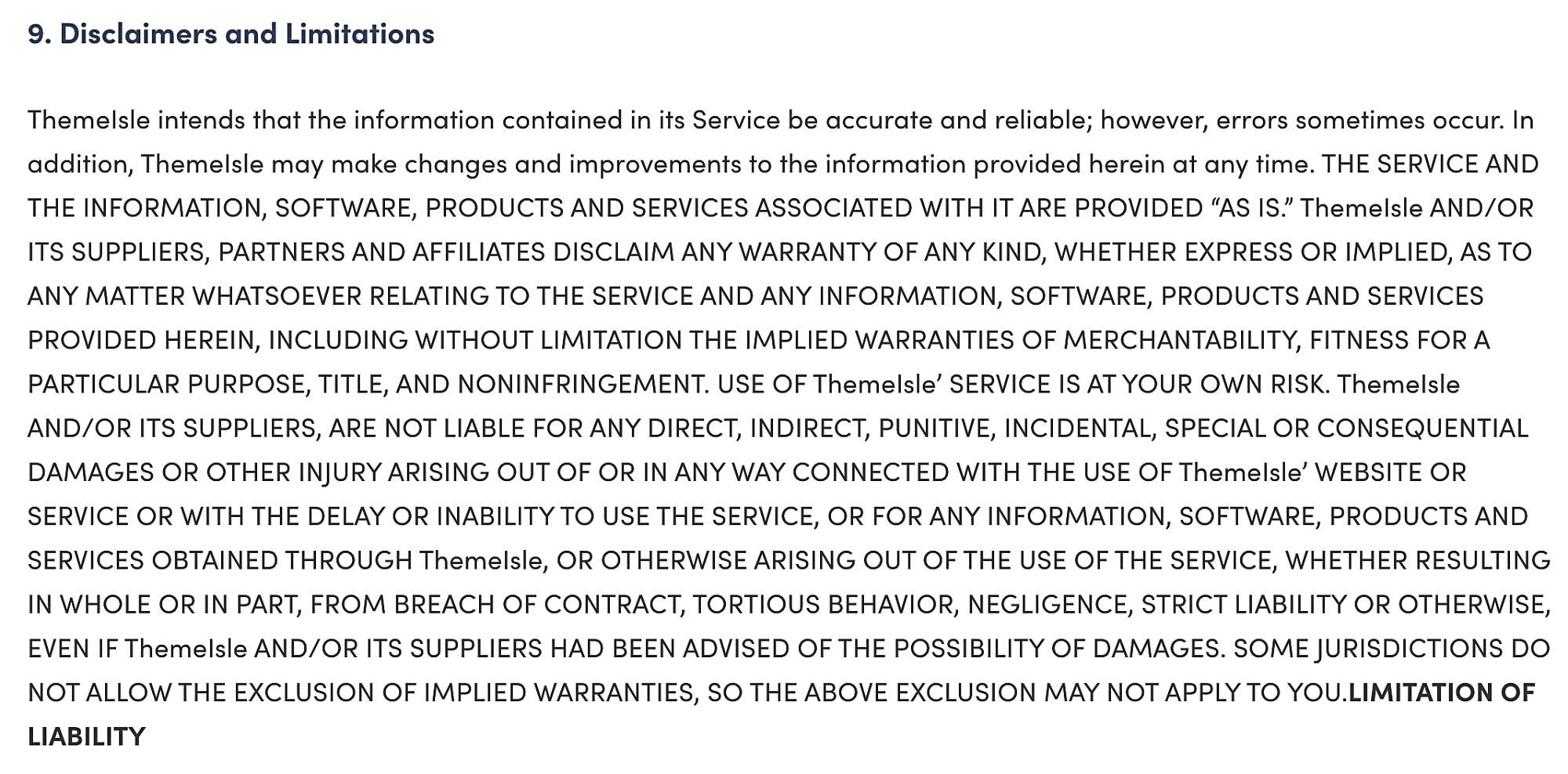 A portion of the Themeisle disclaimer clause