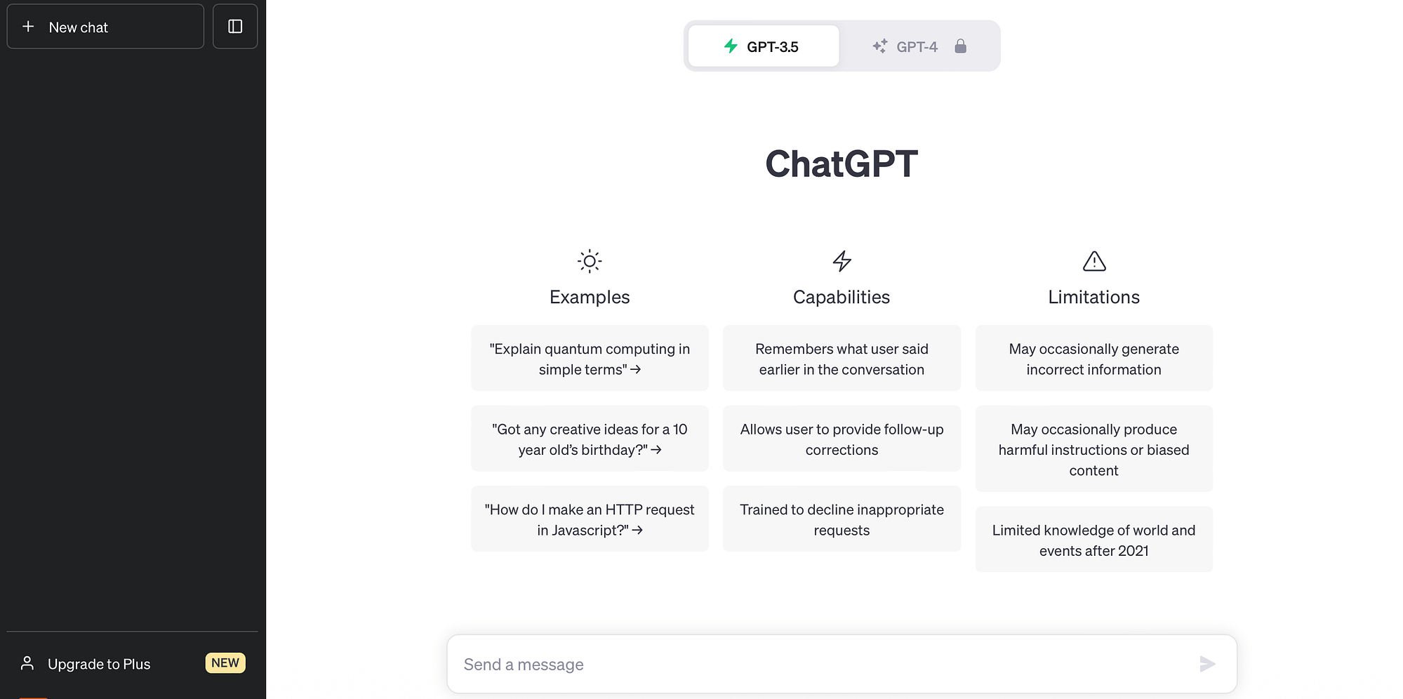 ChatGPT interface with no content.