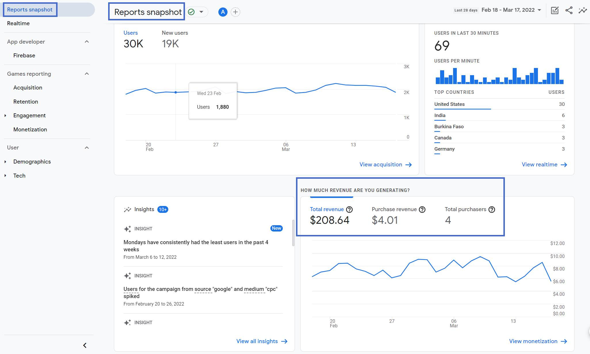 reports snapshot section of Google Analytics interface