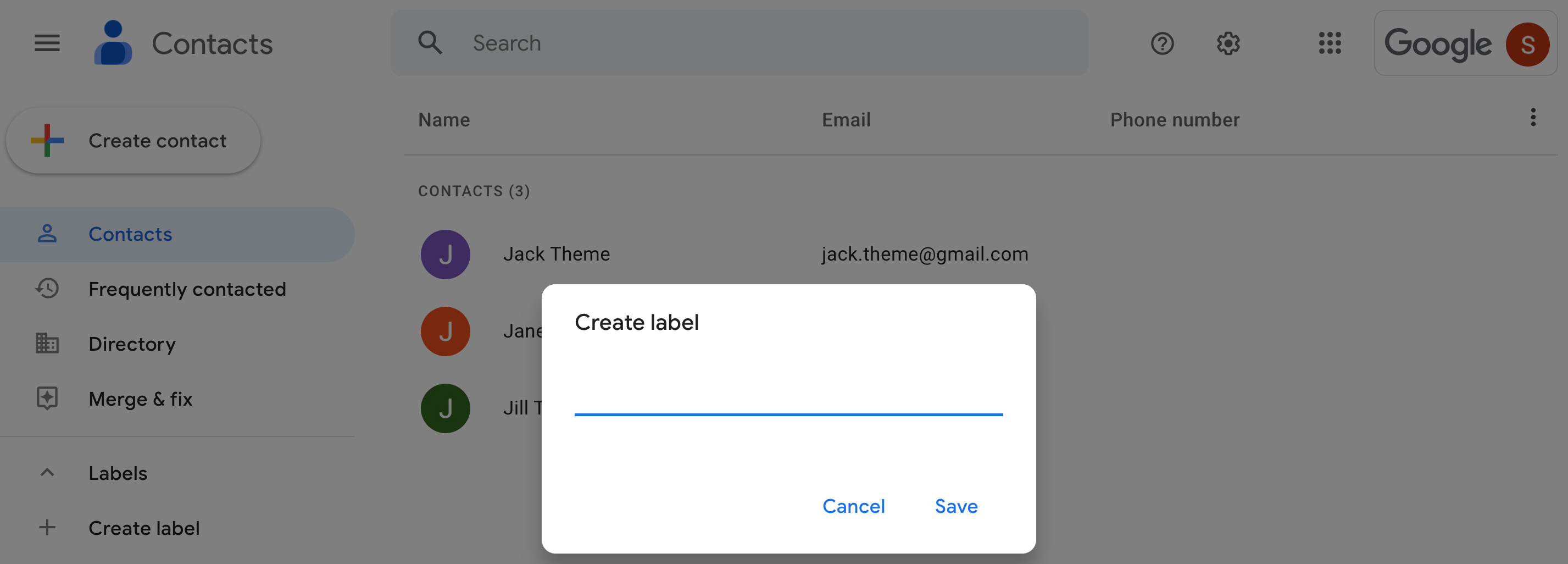 Create label in Google Contacts.