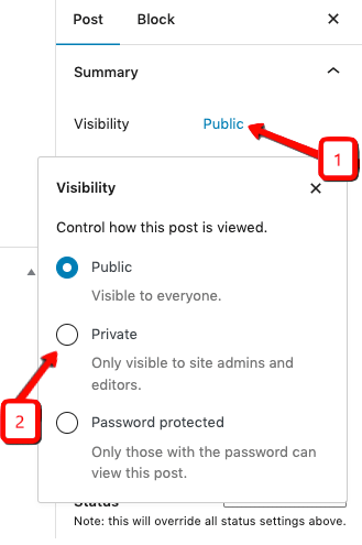 Changing visibility from public to private on a post in the WordPress Block Editor