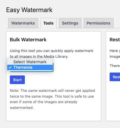 Bulk apply watermarks to existing images using the Easy Watermark plugin.