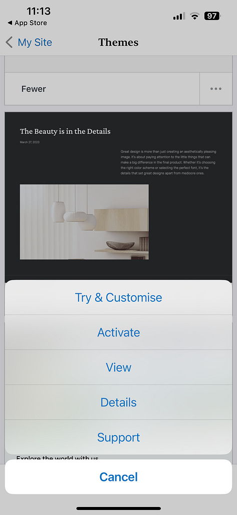 Activate new themes in the WordPress mobile app.