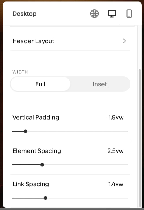 The desktop header options