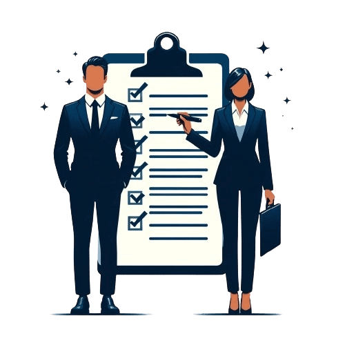 An artistic rendition of a businessman and a businesswoman standing in front of a survey on a large clipboard behind them.