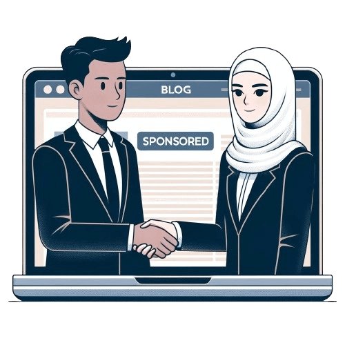 An artistic rendition of a man shaking a woman's hand with a laptop behind them that says "blog" and "sponsored" to illustrate that accepting sponsored posts is a great blog post idea.