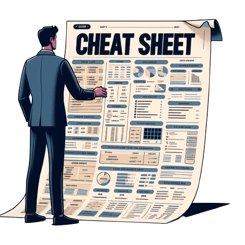 An artistic rendition of a businessman standing in front of a giant cheat sheet to illustrate that cheats sheets make for great blog post ideas.