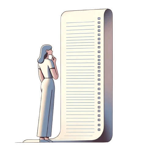 An artistic rendition of a woman standing in front of a giant list to signify a list-based blog post.