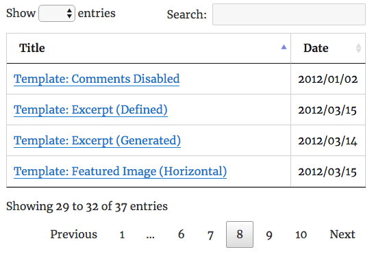 An example of a table created with Posts Table Search & Sort.