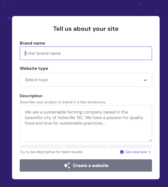 Page to input website information for the Hostinger Website Builder AI process.