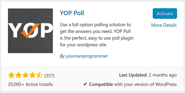 Set up a WordPress poll by installing the YOP Poll plugin.