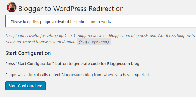 Configuring the Blogger to WordPress plugin.