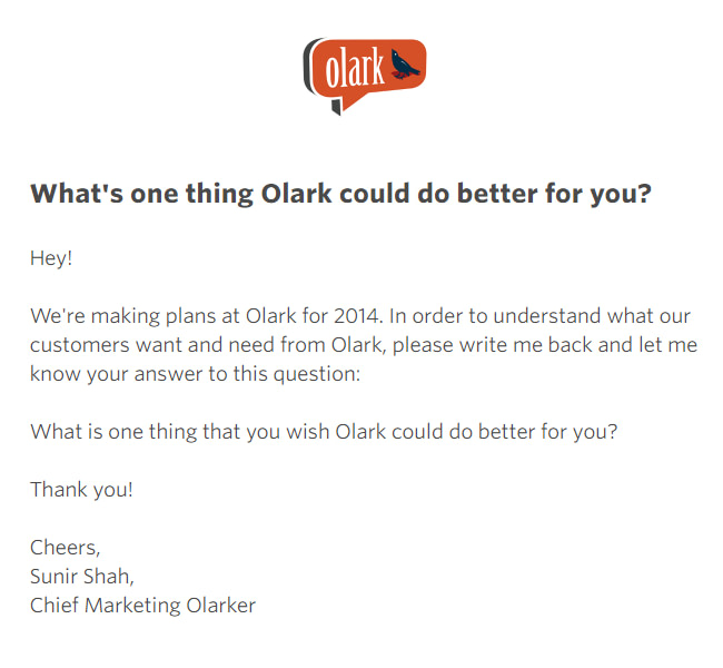 A feedback email from Olark