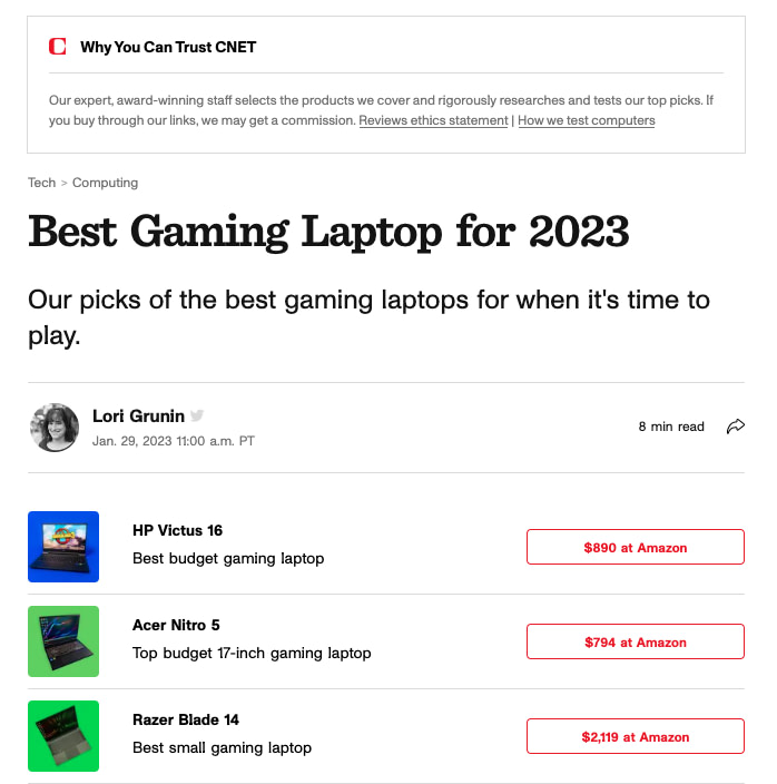 CNET affiliate marketing for laptops