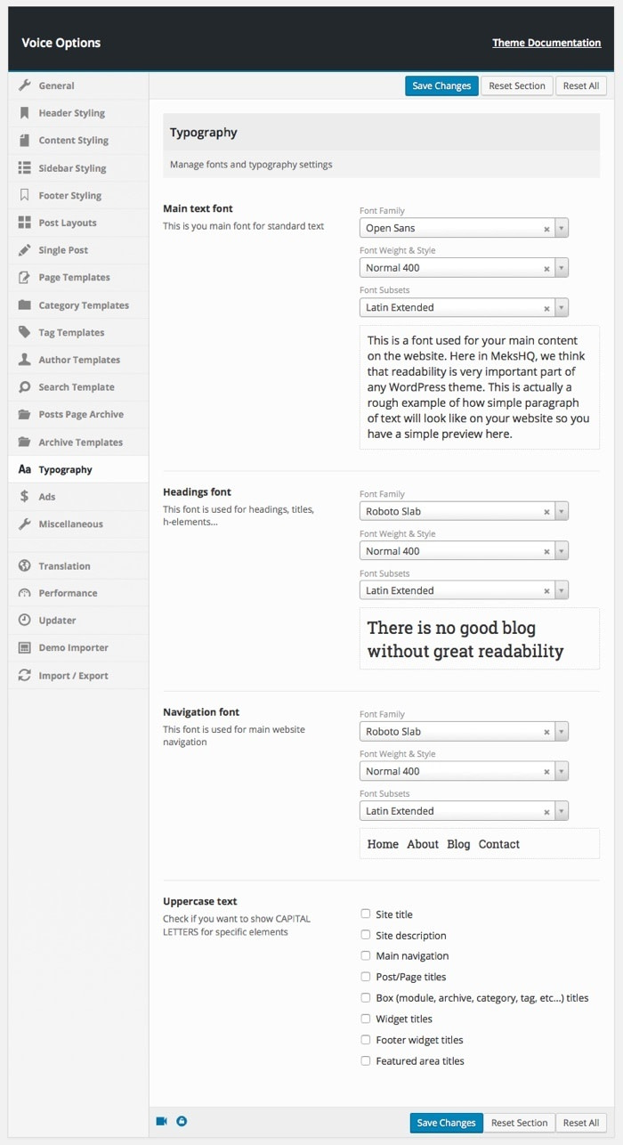 wordpress blog typography settings