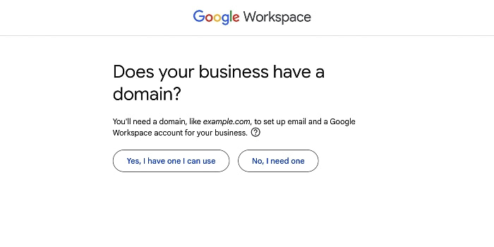 Answering whether your business has an existing domain in the Google Workspace setup wizard.