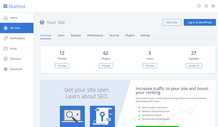 Bluehost custom hosting dashboard