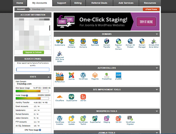 SiteGround cPanel dashboard