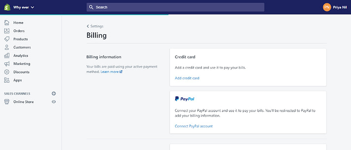 Shopify payment information