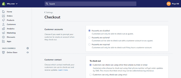 Shopify checkout settings
