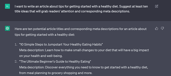 Asking ChatGPT to generate title ideas for a post.