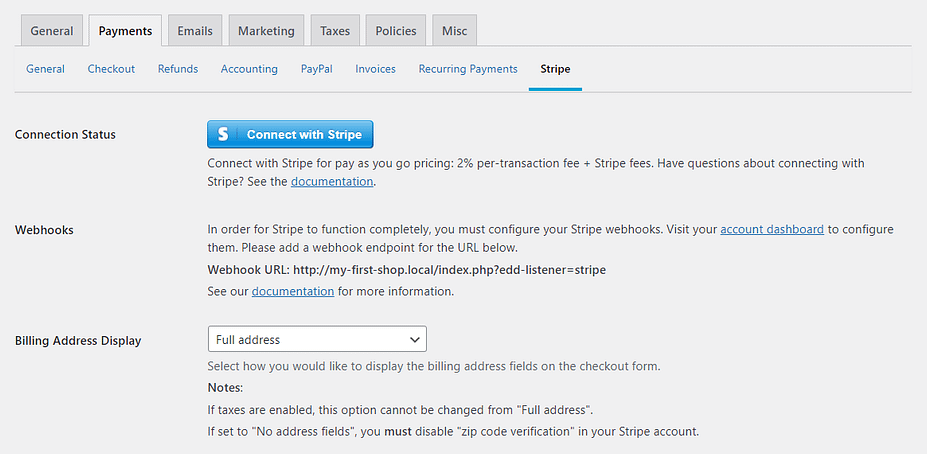 The Stripe settings in Easy Digital Downloads.