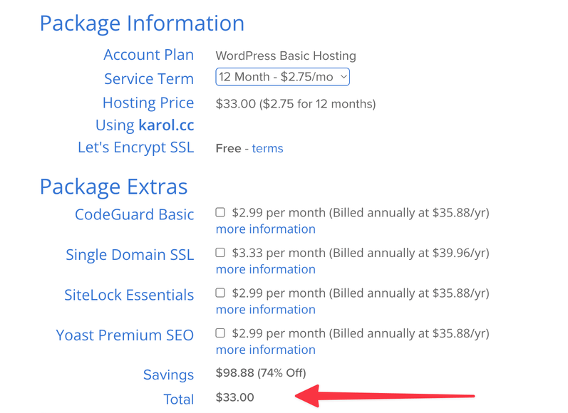 Bluehost signup process.