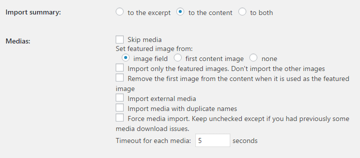 The plugin's settings for importing media.