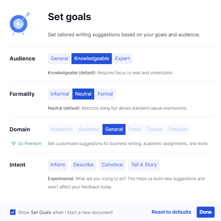 Example of goal setting in GrammarlyGO for free users.