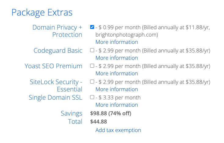 Bluehost package extras during the checkout process.