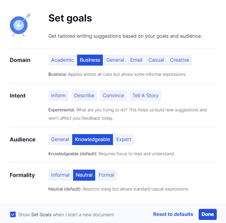 GrammarlyGO goal options.