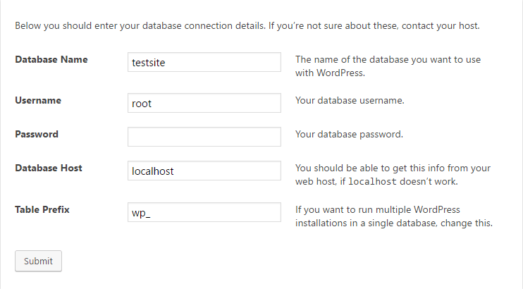 database settings when you install WordPress locally.