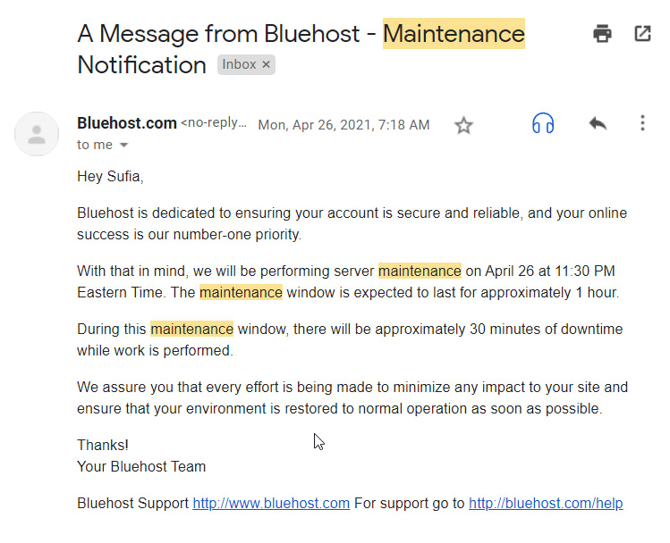 Bluehost server down maintenance email.
