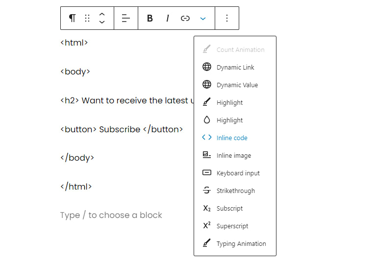 The Inline code option in Block Editor.